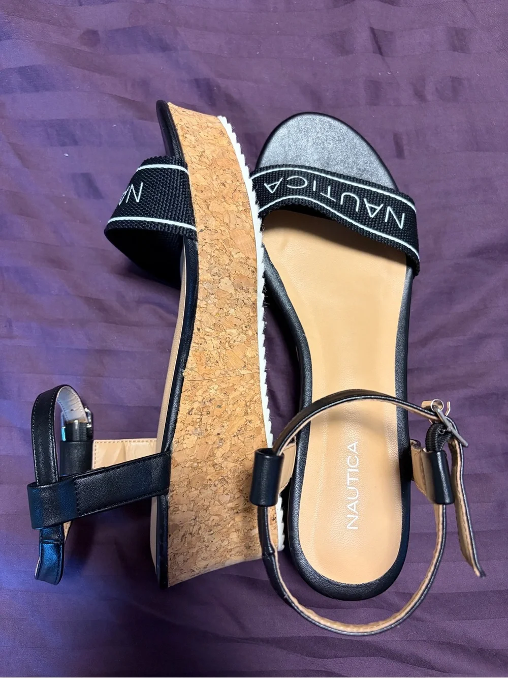 Nautica Soraya Black Cork Platform Wedge Sandals Logo Strap Women’s Size 9